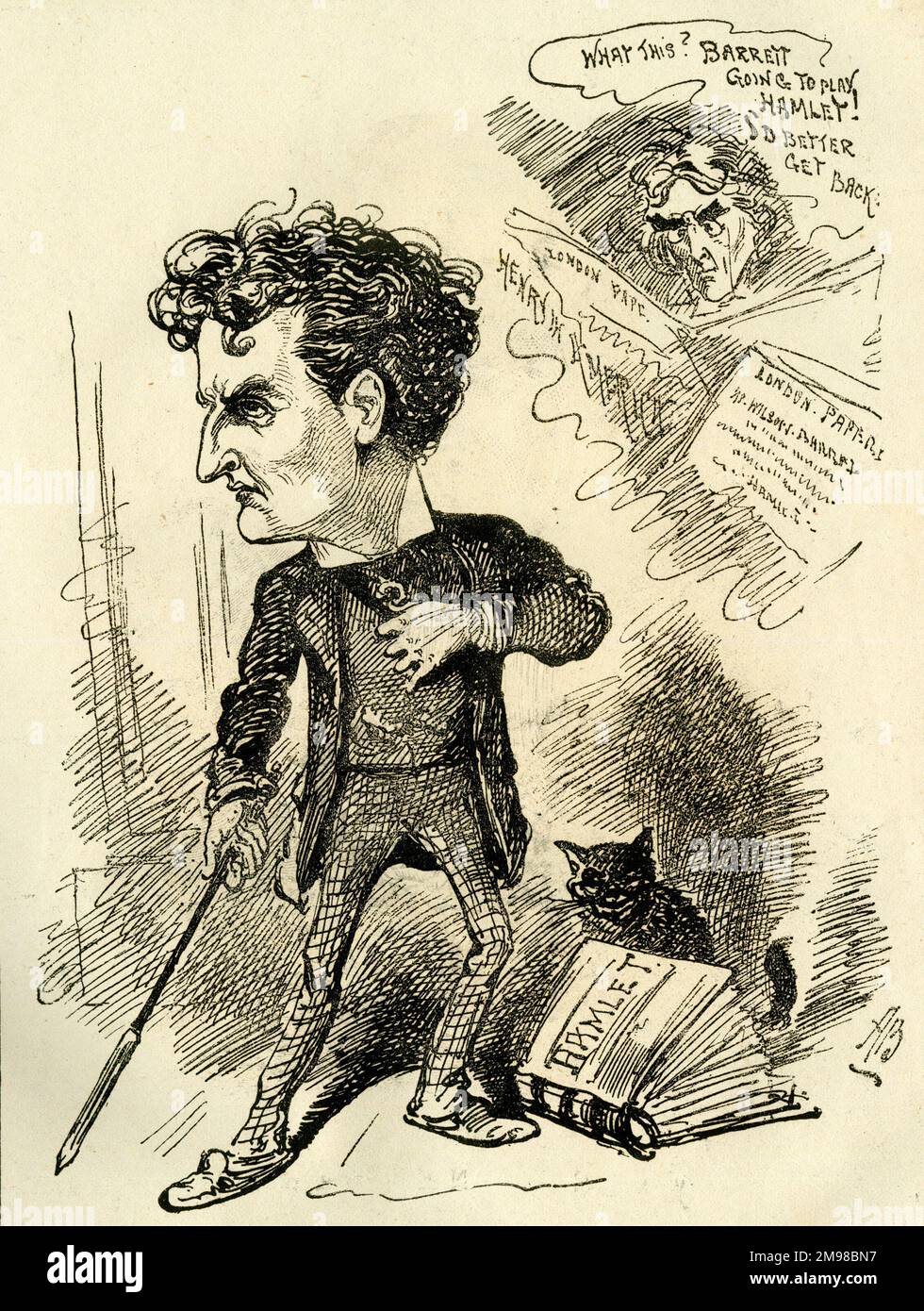 Wilson Barrett (William Henry Barrett; 1846-1904), actor, theatre manager and playwright -- More Study!  Seen here preparing to play Hamlet, to the consernation of Henry Irving, who thinks he'd better get back from his American tour. Stock Photo