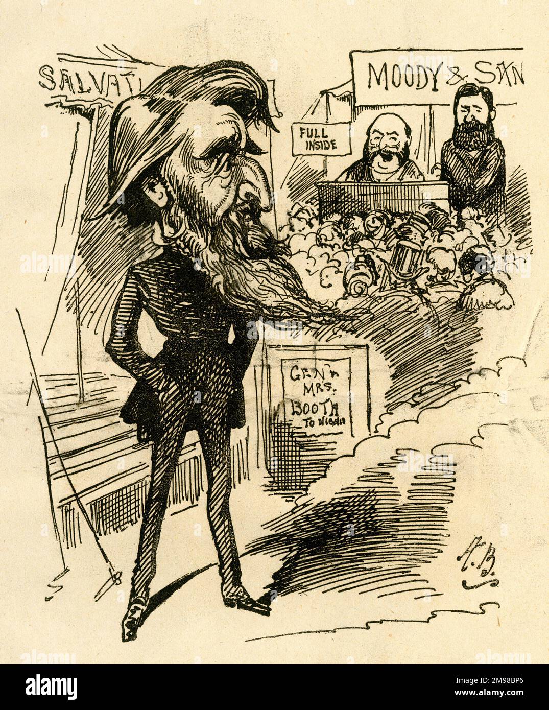 Cartoon, William Booth, founder of the Salvation Army, looking suspiciously at the visiting American evangelists, Moody & Sankey, who seem to be attracting larger crowds.  He says: How can I do a paying business with all this opposition? Stock Photo