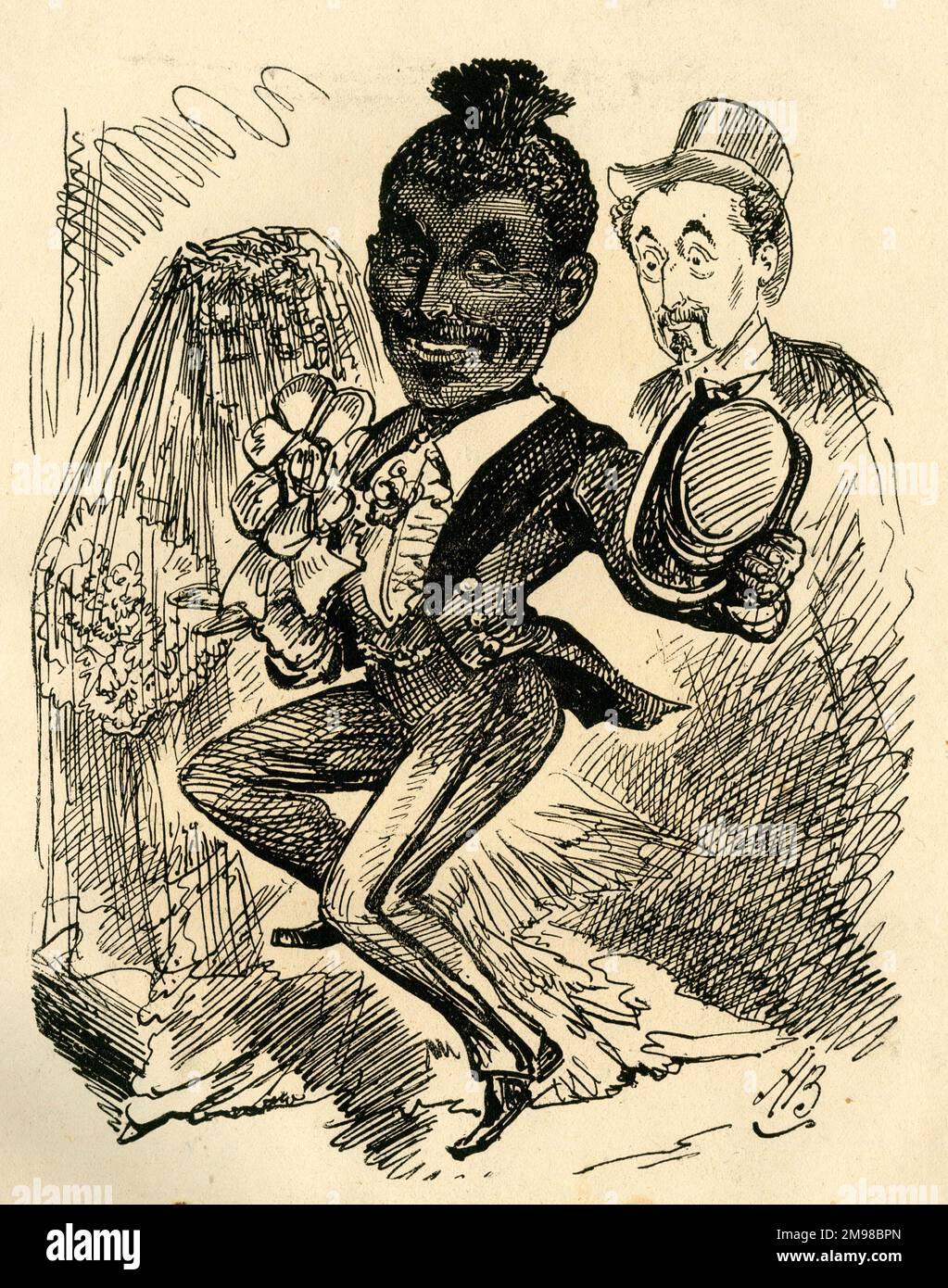 Cartoon, wedding of George Washington Moore (1820-1909), minstrel, married on 18 May at Harlem to Miss Louise Newman (American paper).  He says to his business partner, Frederick Burgess -- Following your lead, Fred! Stock Photo