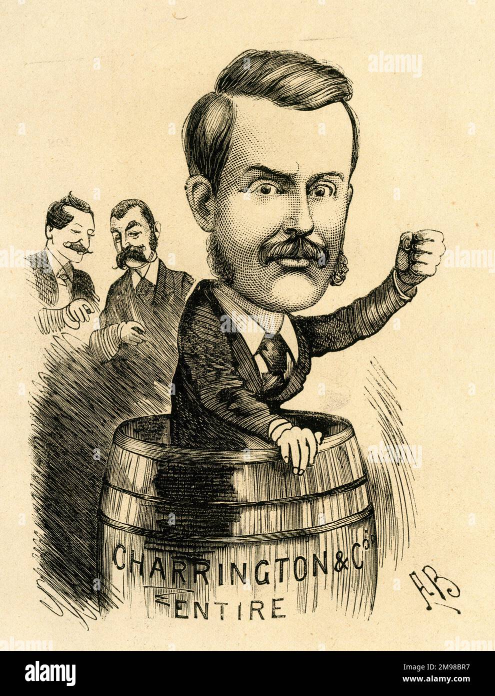 Cartoon, Frederick Nicholas Charrington (1850-1936), English social reformer and evangelical Christian who devoted himself to temperance work. He was a member of the Charrington Brewery family.  The caption reads: A hard-working, East End missionary; he has not yet converted the Middlesex magistrates, though. Stock Photo