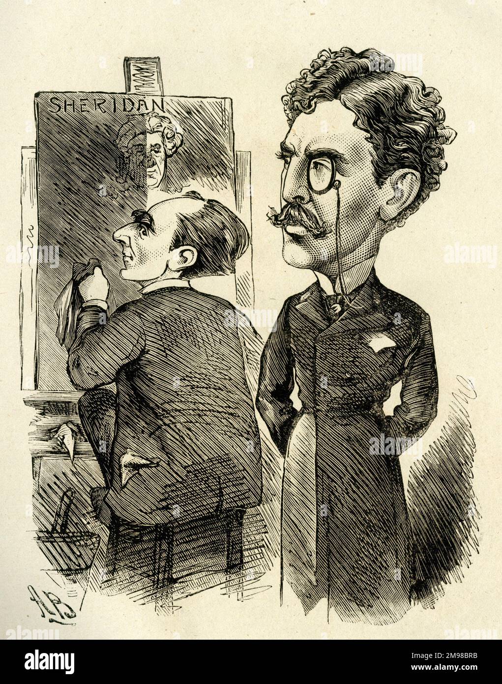 Cartoon, Sir Arthur Wing Pinero (1855-1934), English actor, playwright and stage director, and Sir Squire Bancroft (1841-1926), English actor-manager.  Old masters cleaned or restored on the shortest notice. A comment on reviving old plays. Stock Photo
