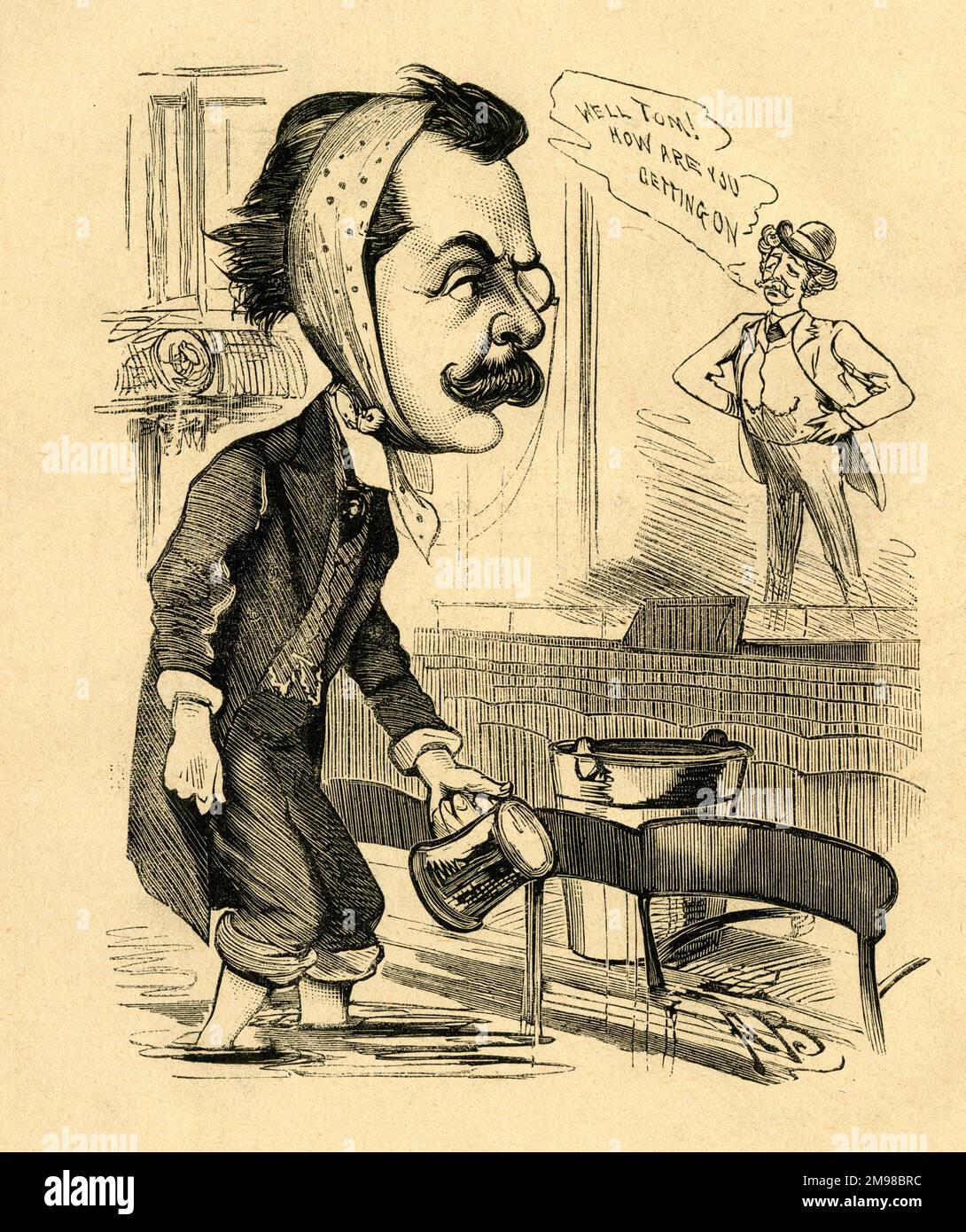 Cartoon -- They are getting the water out of the Criterion with all speed.  Henry James Byron (1835-1884) is shown mopping up at the Criterion Theatre, Piccadilly, London, after some flooding.  On the stage is the actor and theatre manager Charles Wyndham (1837-1919). Stock Photo