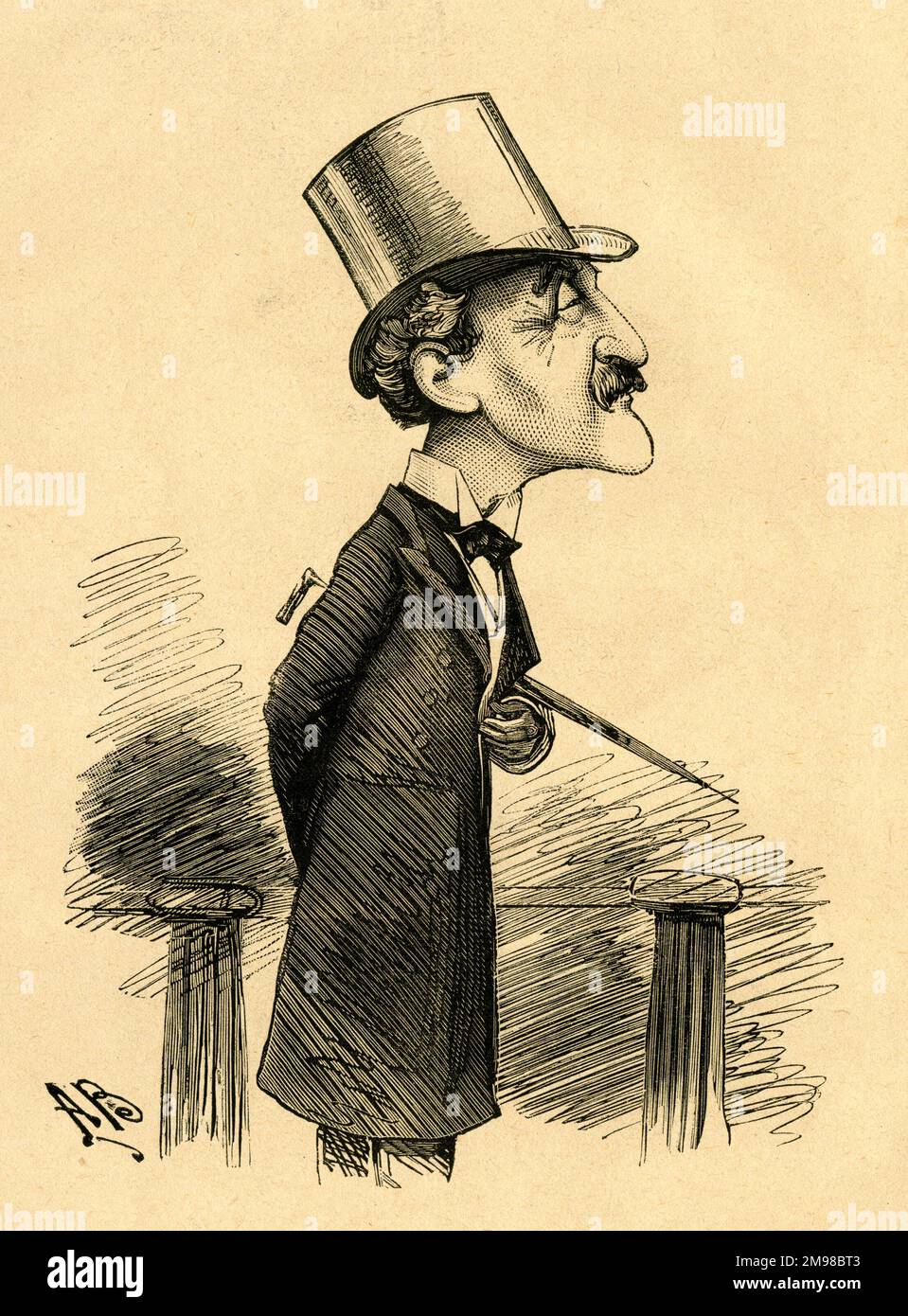 Cartoon, Wilhelm Kuhe (1823-1912), German pianist, piano teacher, composer, administrator, and promoter of concerts, including an annual festival, in Brighton -- Brighton's Grand (Pianoforte) Old Man. Stock Photo