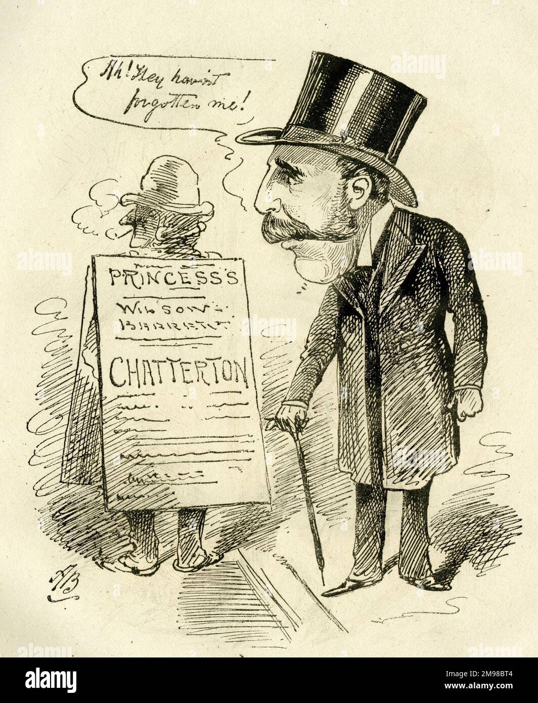 Cartoon, Frederick Balsir Chatterton (1834-1886), theatre manager --We wish Chatterton every success at the Princess's.  The irony is that the Chatterton on the sandwich board refers to a performance by the actor Wilson Barrett in a one-act play about the poet Thomas Chatterton. Stock Photo