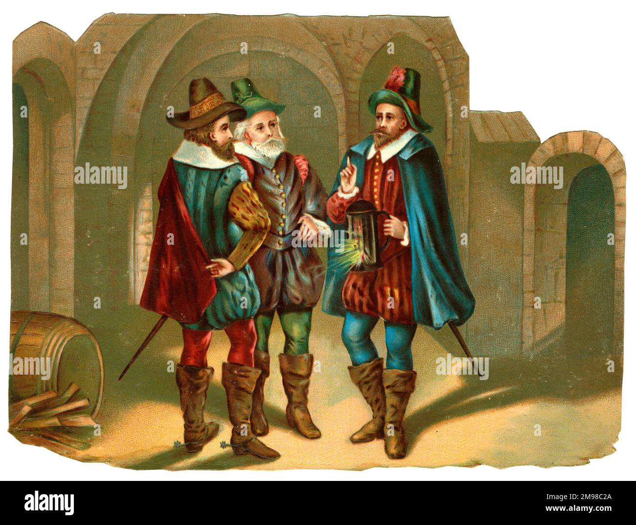 Victorian scrap - Guy Fawkes and two of his co-conspirators in the Gunpowder Plot, 1605. Stock Photo