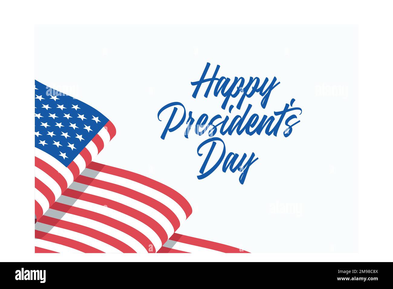 Happy Presidents Day celebrate banner with waving United States national flag and hand lettering