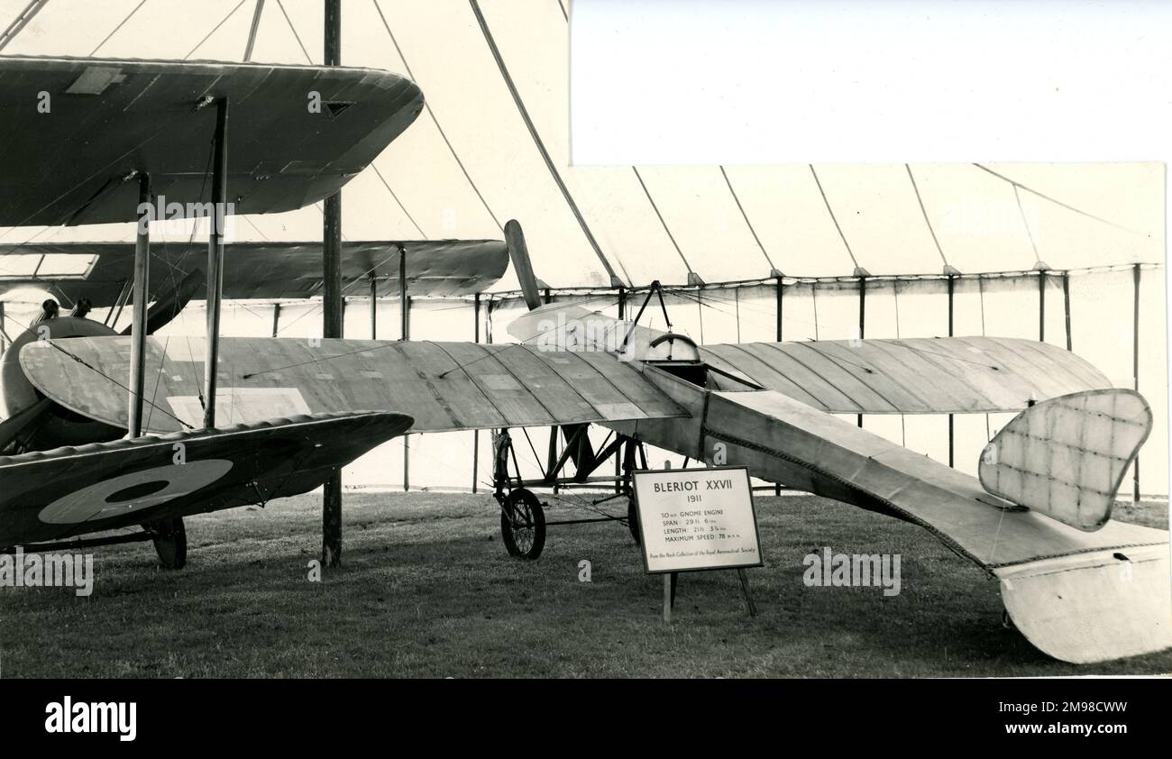 The 1911 Bl‚riot XXVII of the Nash Collection inside the marquee at the 1956 Royal Aeronautical Society Garden Party at Wisley on 15 July. Stock Photo