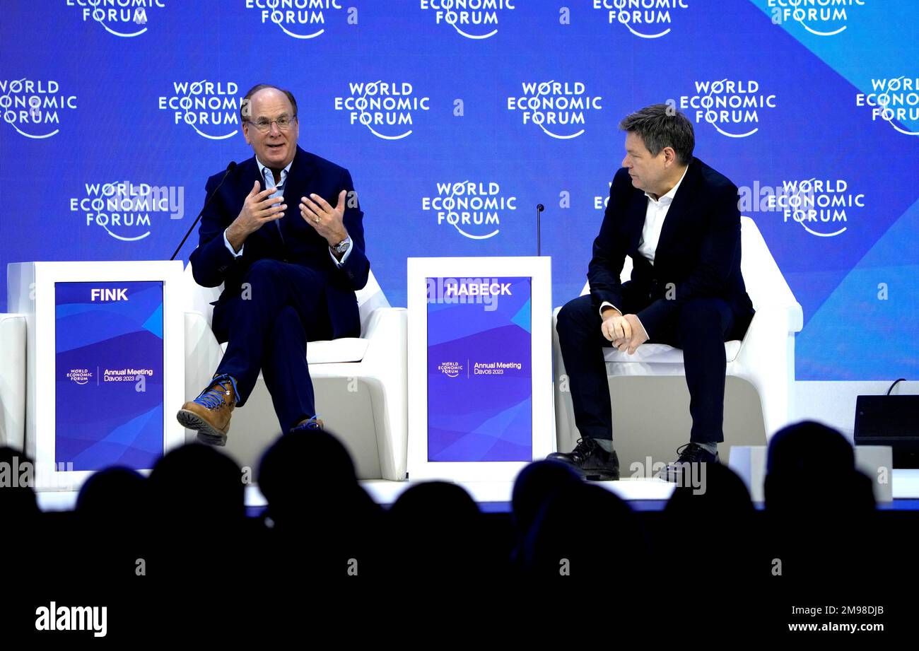 Laurence D. Fink, Chairman and Chief Executive Officer BlackRock, left, and  Robert Habeck, Vice-Chancellor and Federal Minister for Economic Affairs  and Climate Action of Germany attend a panel at the World Economic