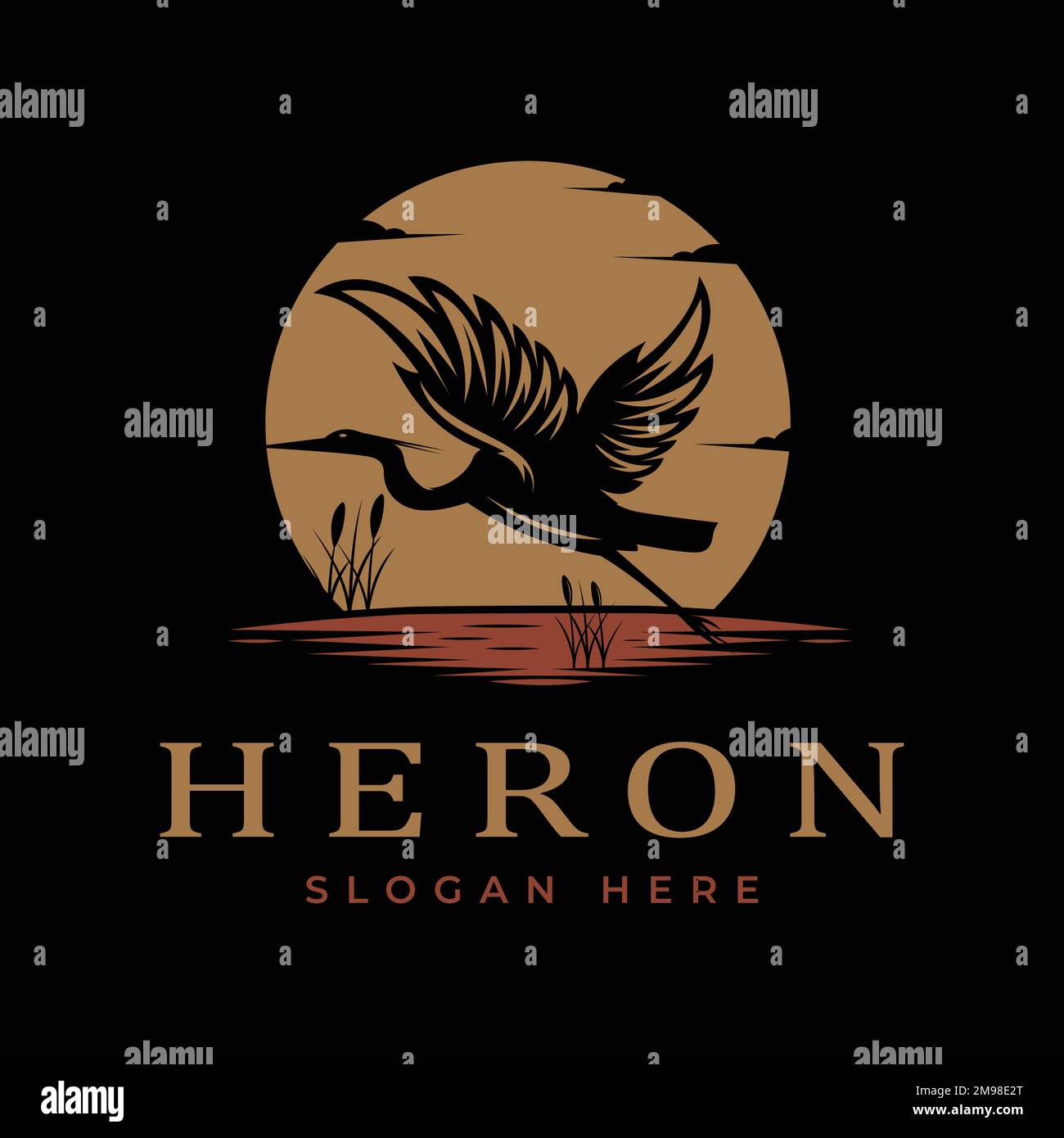 Vintage Flying Stork Heron Silhouette Bird in River Lake Creek Sunset