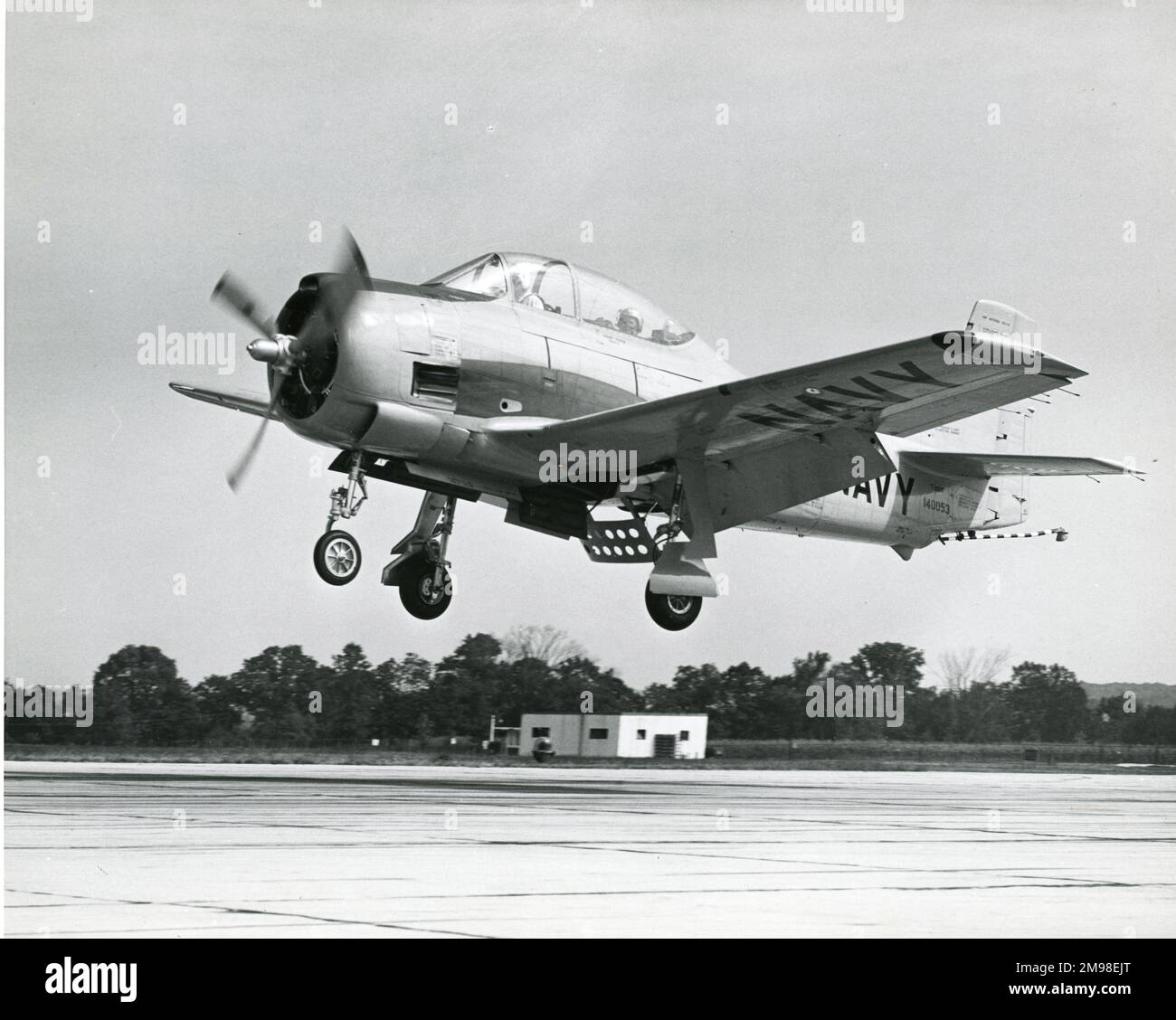 North American T-28C Trojan of the US Navy, 140053, at the end of its first flight. Stock Photo