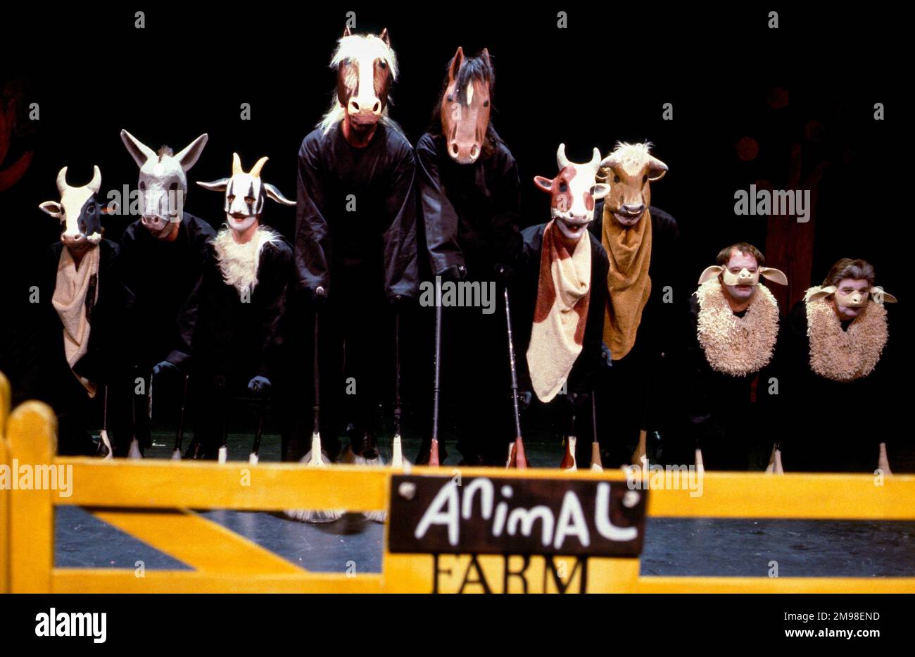 front centre - left: Boxer  right: Clover in ANIMAL FARM by George Orwell at the Cottesloe Theatre, National Theatre (NT), London SE1  25/04/1984  adapted & directed by Peter Hall  design: Jennifer Carey  lighting: John Bury  movement: Stuart Hopps Stock Photo