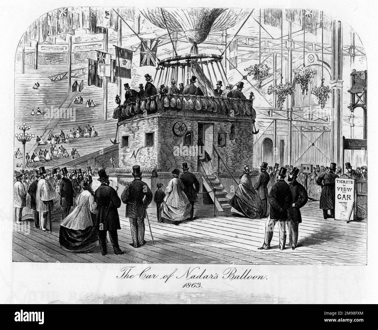 French Aeronaut and photographer Nadar (Gaspard-Felix Tournachon) demonstrated a giant balloon at the Crystal Palace, Sydenham in 1863. The basket of which contained a saloon, captain's cabin, dark room, laboratory and printing press. From a photograph by Hudson and Kearns. Stock Photo