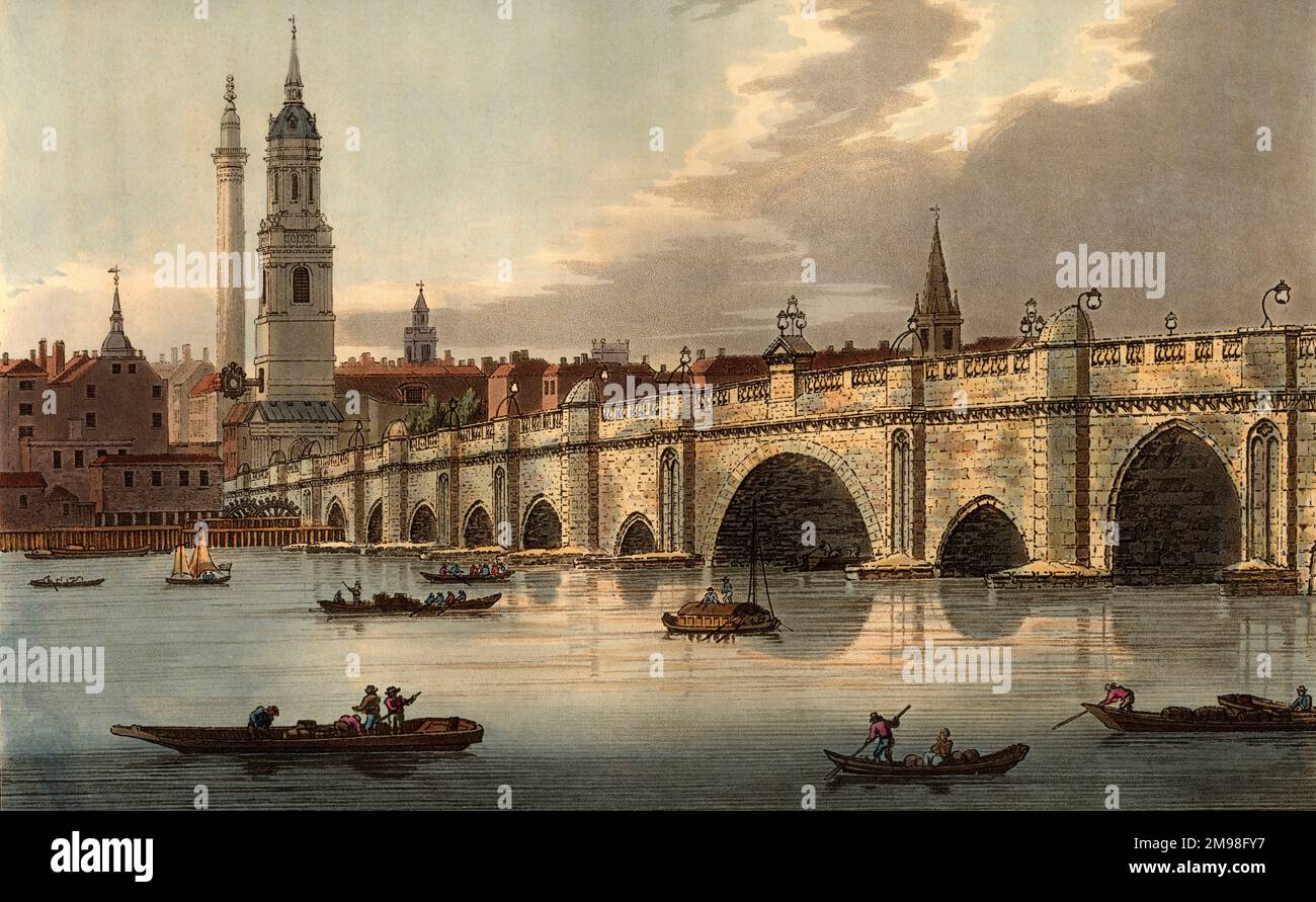 London Bridge - the buildings formerly sited along its length had been demolished between 1758 and 1762. The tower of the Church of St Magnus the Martyr and The Monument can clearly be seen beyond the northern end of the crossing. Stock Photo