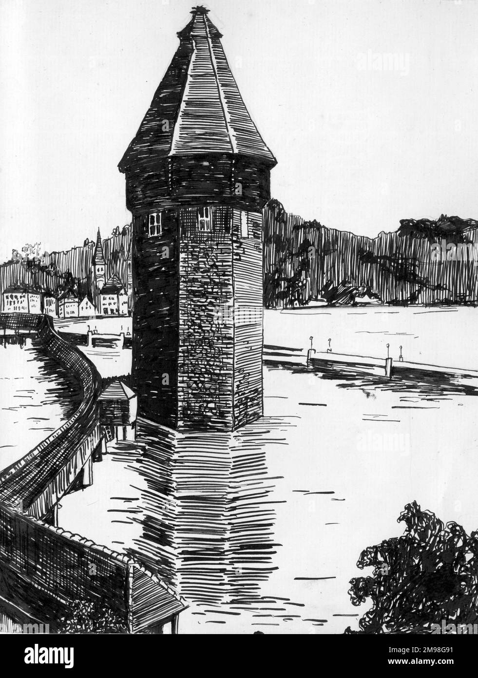 Pen and ink drawing by Harold Auerbach, Lucerne, Switzerland, May 1910. Stock Photo