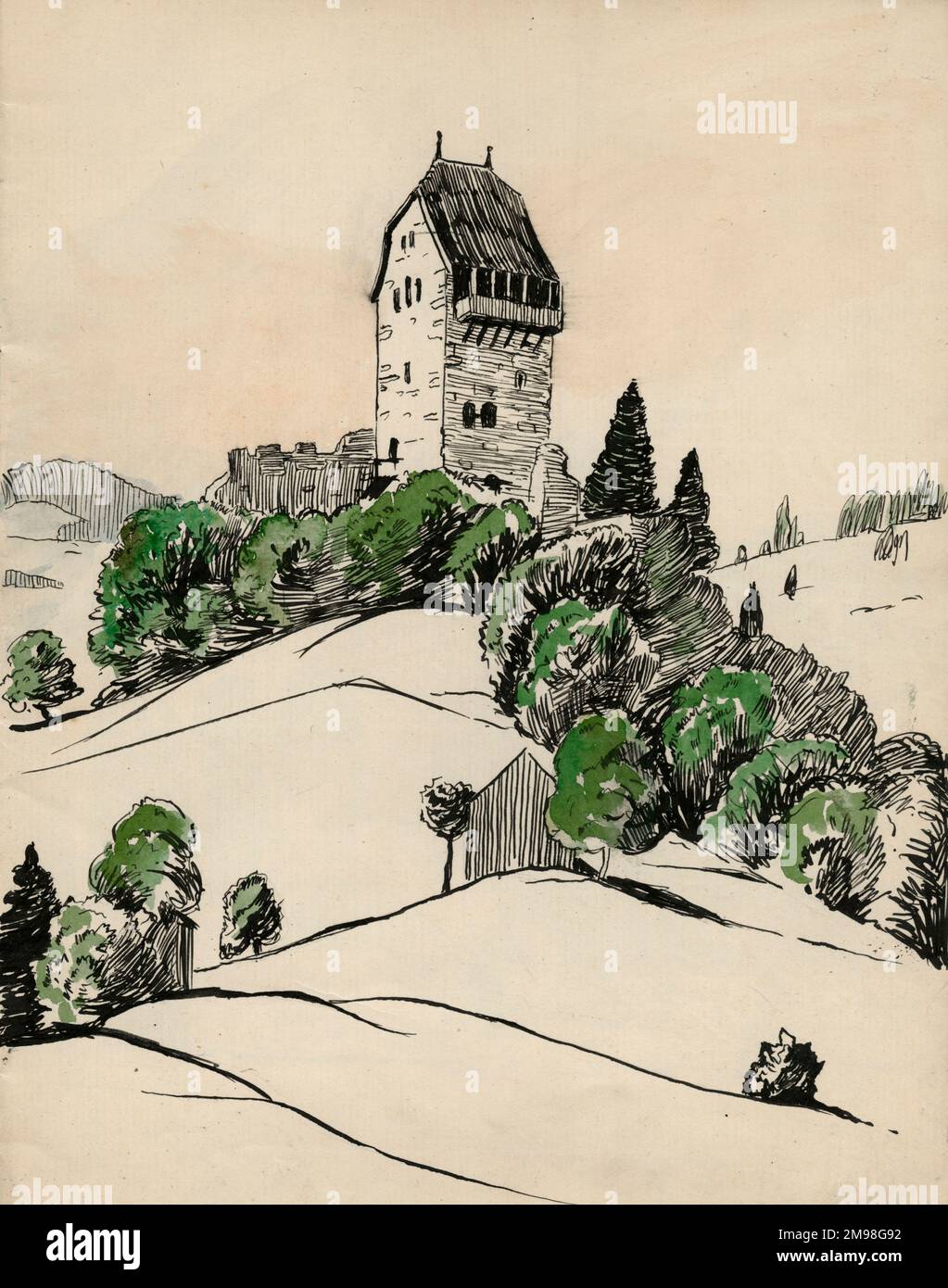 Pen and ink drawing by Harold Auerbach, Iberg, Winterthur, Switzerland, April 1910. Stock Photo