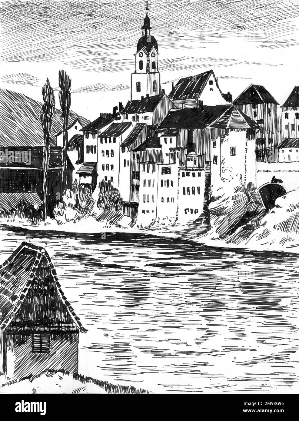 Pen and ink drawing by Harold Auerbach, Olten, Solothurn, Switzerland, April 1910. Stock Photo