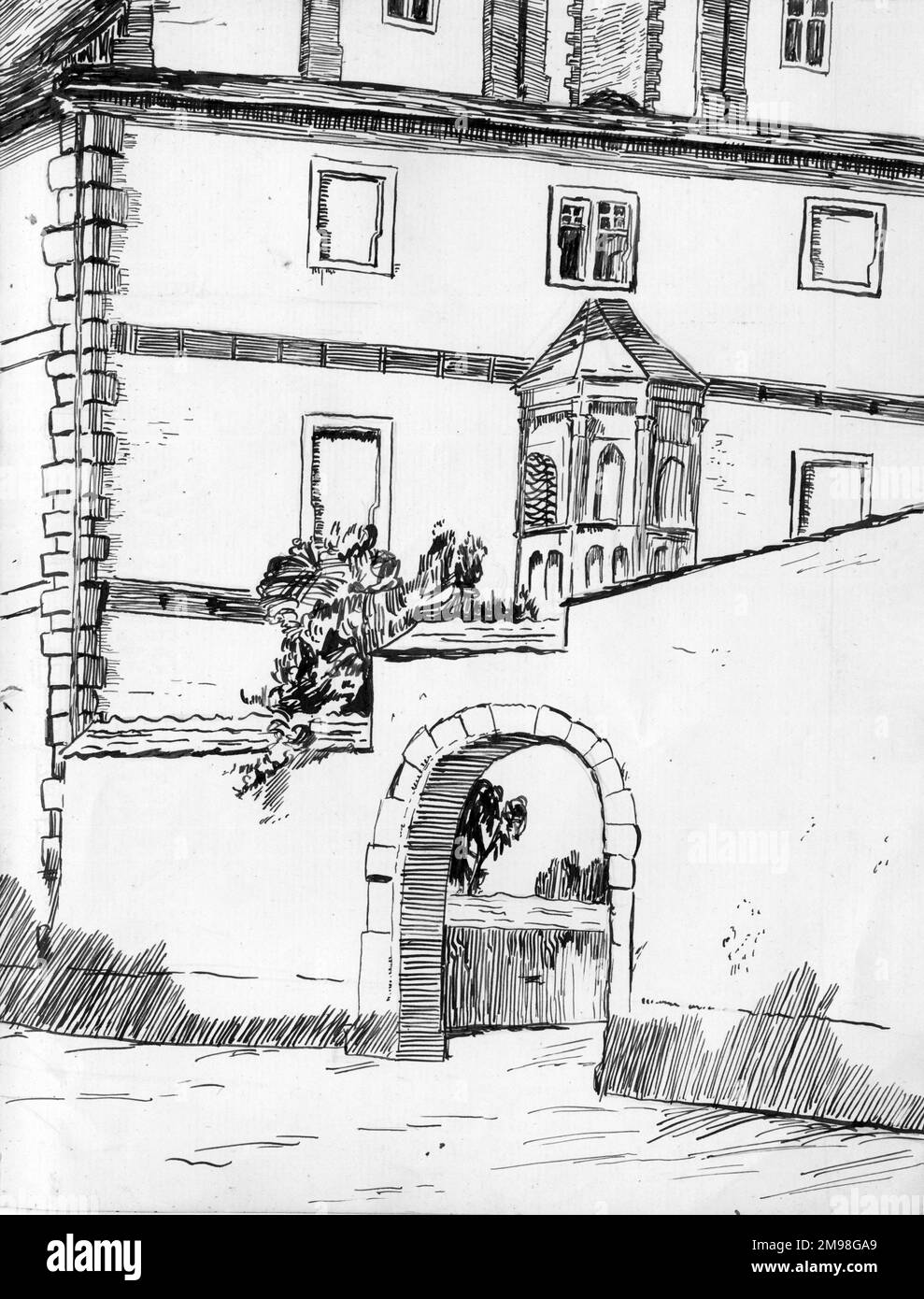 Pen and ink drawing by Harold Auerbach, building and archway Stock