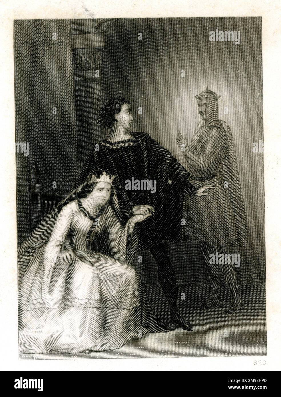 Scene from Shakespeare's Hamlet, showing Hamlet with his mother, Queen Gertrude, and his father