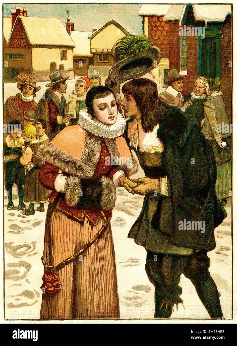 New Year's Day in Old New York - a man raises his hat to give a woman a seasonal kiss. Stock Photo