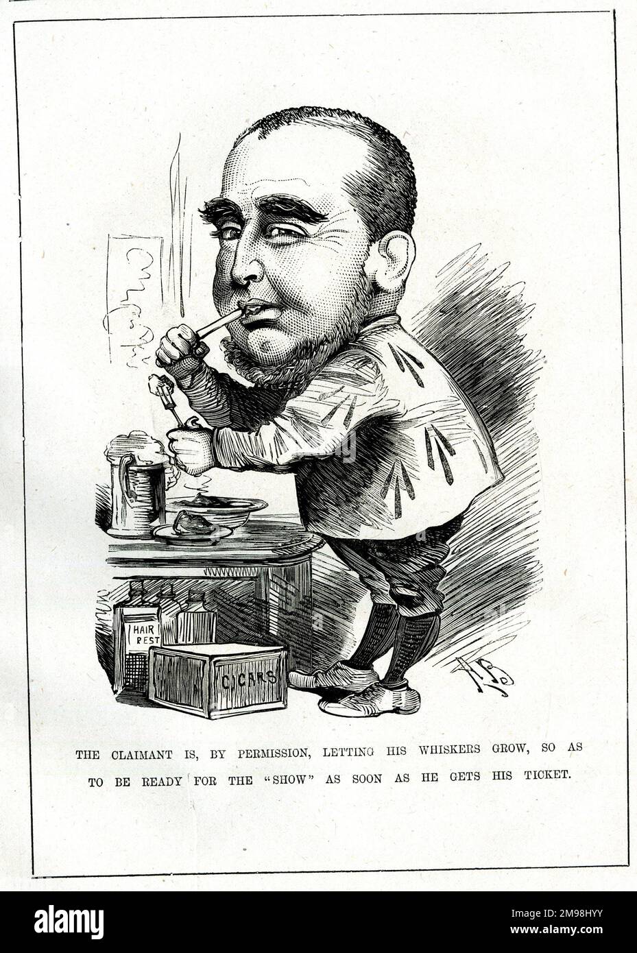 Cartoon, The Claimant due to be released from prison. Thomas Castro, also known as Arthur Orton, claimed to be the long-lost Roger Tichborne, but in 1874 was deemed to be an impostor, and was sent to prison. Stock Photo