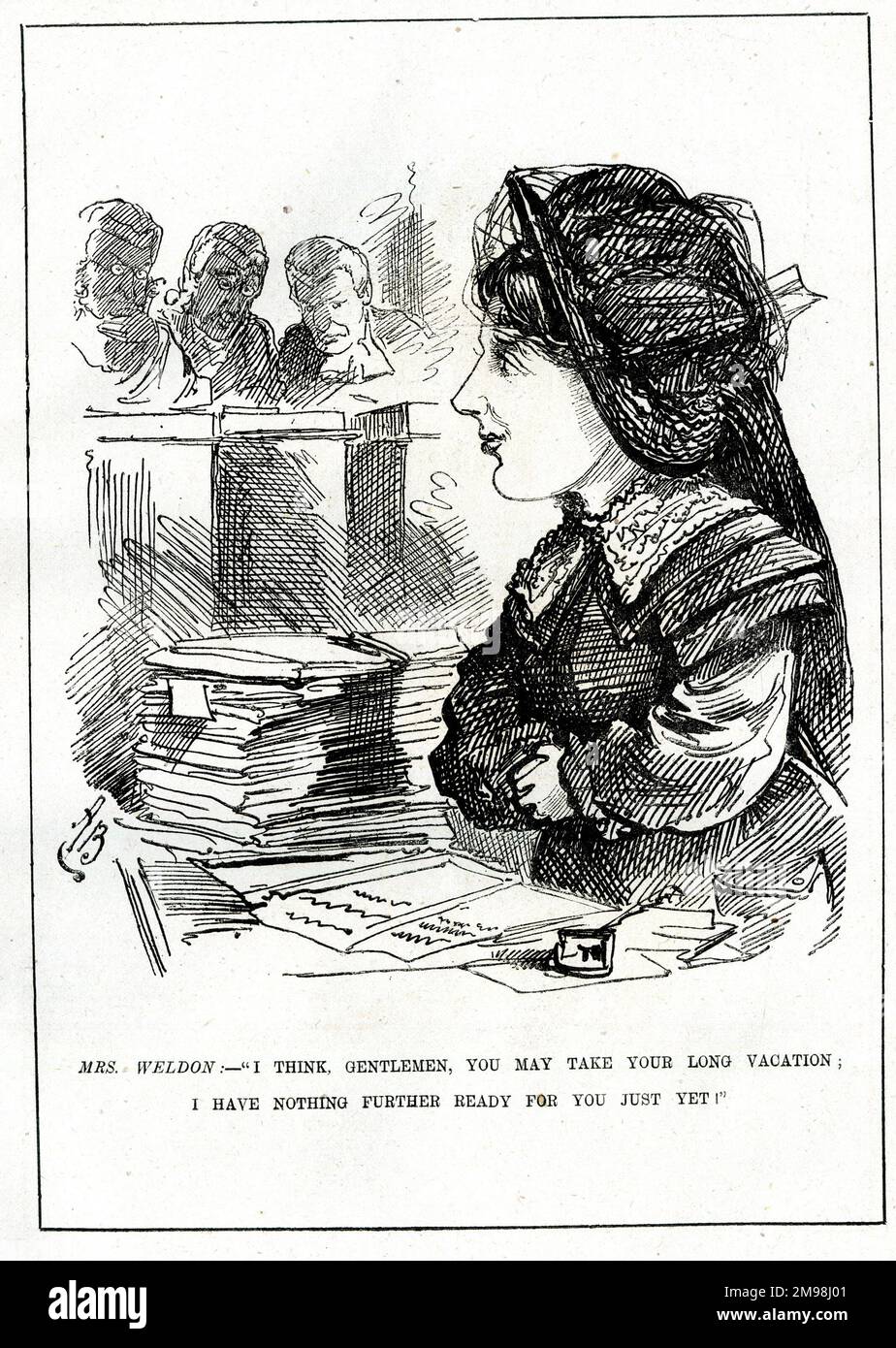 Cartoon, Georgina Weldon, classical singer, giving the lawyers a break for the summer holidays. Mrs Weldon (1837-1914) was frequently involved in lawsuits and libel cases with others, sometimes resulting in her imprisonment. Stock Photo