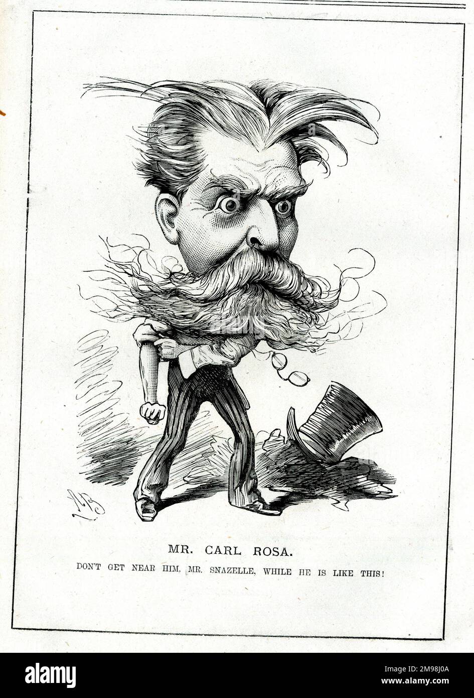Cartoon, Carl Rosa (1842-1889), German-born musical impresario who founded the Carl Rosa Opera Company. Don't get near him, Mr Snazelle, while he is like this! Stock Photo