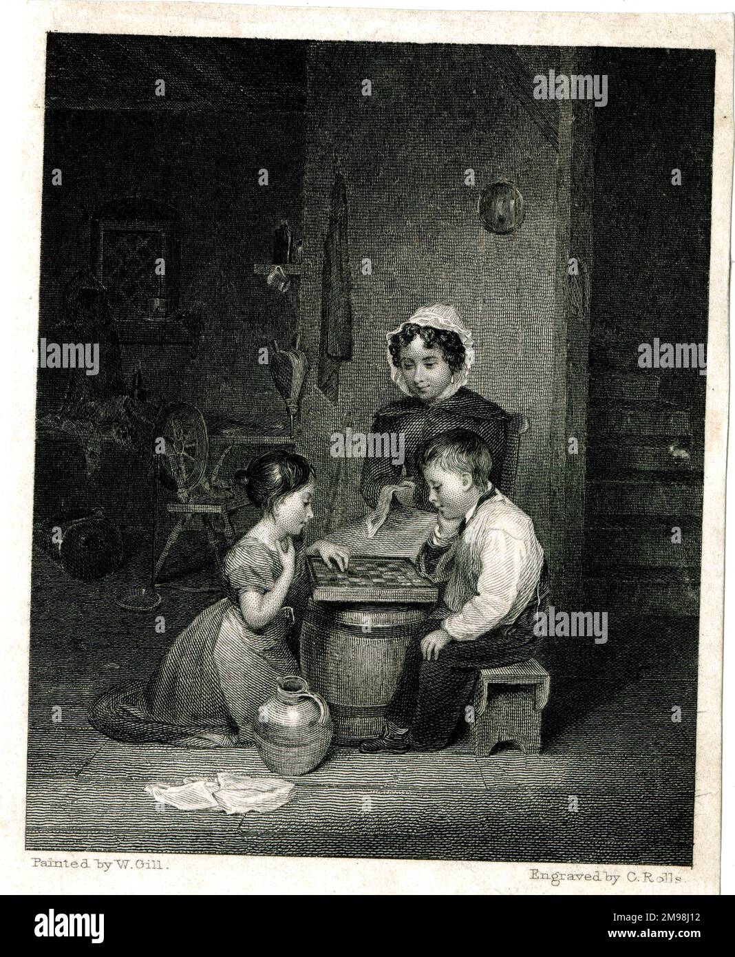 The Orphans - two children play draughts, watched by a woman. Stock Photo