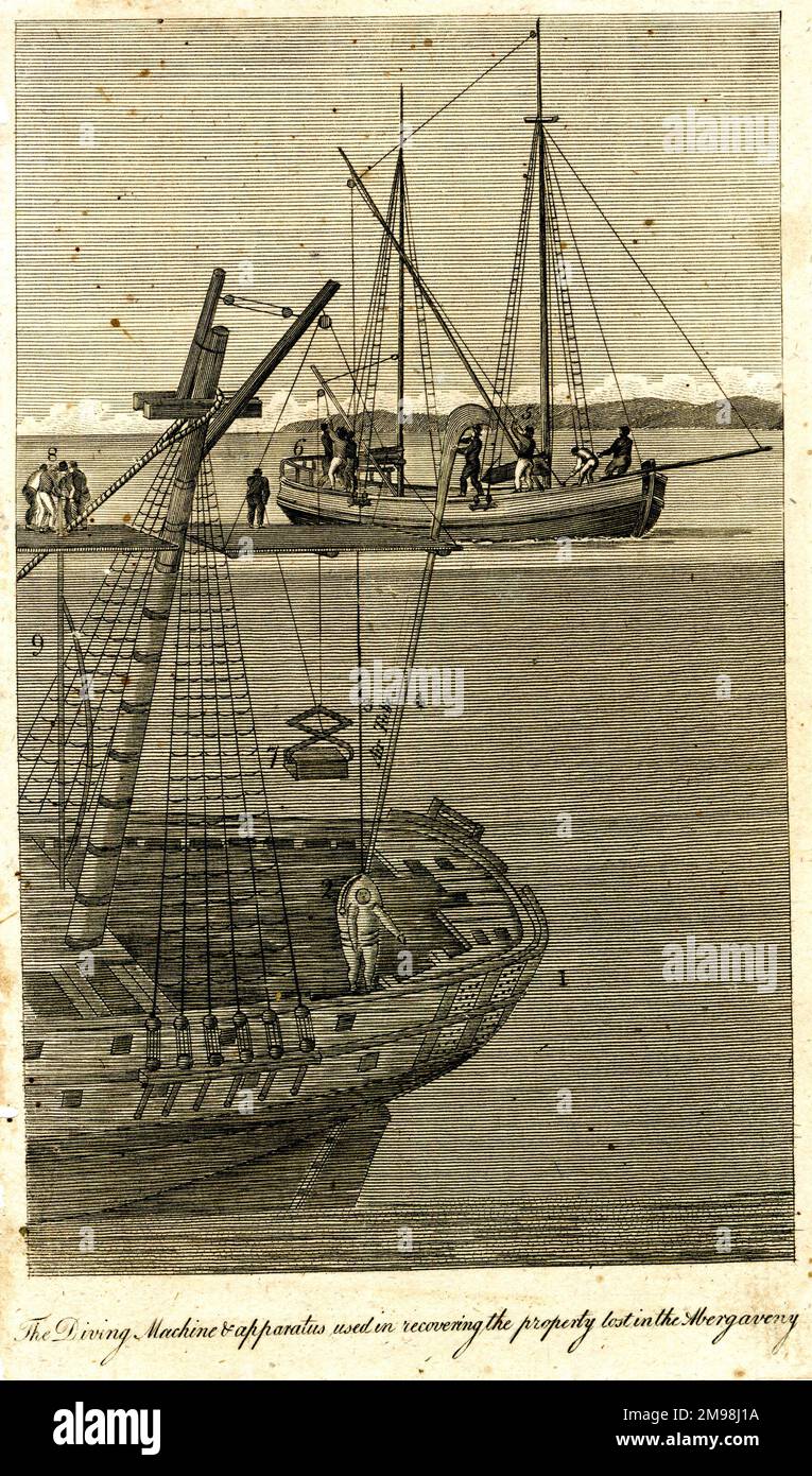 The Diving Machine and Apparatus used in recovering the property lost in the Earl of Abergavenny, which sank after striking the Shambles bank, just south of Portland Bill, in February 1805, with the loss of many lives. The salvage operation took over two years to complete. Stock Photo