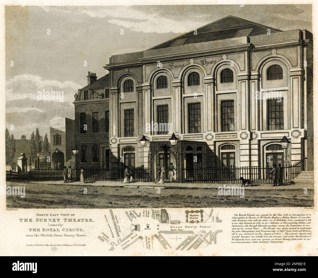 The Surrey Theatre (formerly The Royal Circus), Great Surrey Street, London, with a map below. Stock Photo