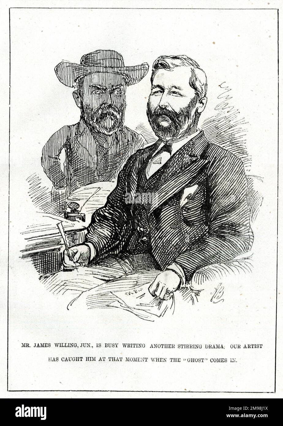 Cartoon, Mr James Willing, Jun, is busy writing another stirring drama. Our artist has caught him at that moment when the 'ghost' comes in. 'James Willing' was actually a pseudonym for John Thomas Douglass (1842-1917), manager of the Standard Theatre, Shoreditch, London, and it is not clear whether the younger one existed or was simply just another pseudonym, to avoid Douglass's name appearing as the author of too many plays. Stock Photo