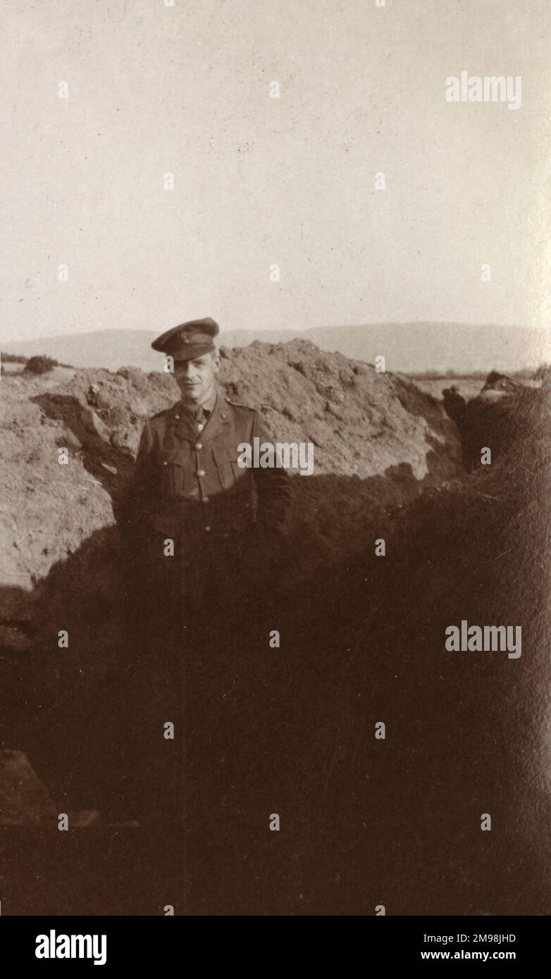 Soldier in a trench on the Western Front during the First World War. He is Albert Auerbach of the Royal Fusiliers, who was killed in action on the Somme on 1 September 1918. Stock Photo