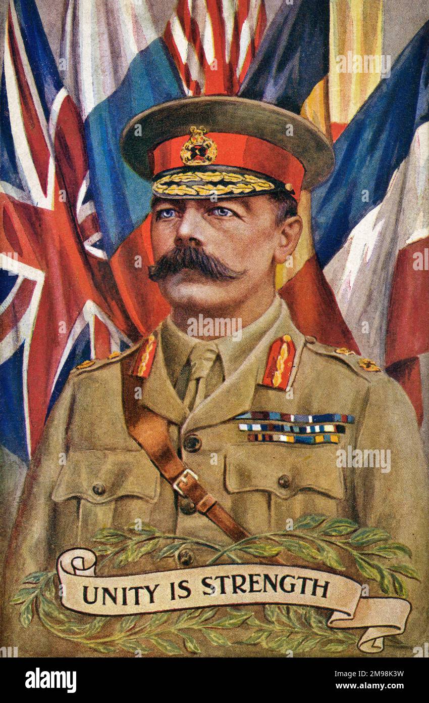 Lord Kitchener with Allied flags, Unity is Strength. Stock Photo