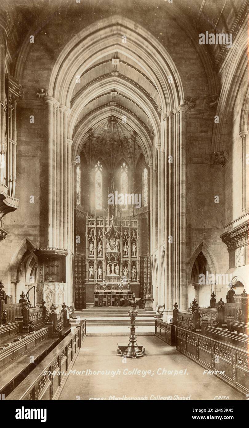 Interior of Marlborough College Chapel, Wiltshire -- the East End, showing the altar, lectern and choir stalls. Stock Photo