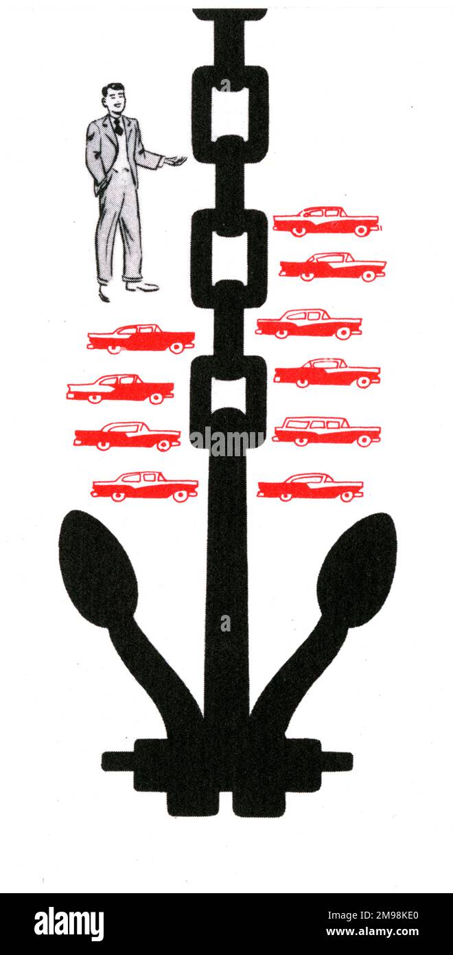 Illustration in The World's Wonder Ships -- standard design of anchor used on the Queen Mary and Queen Elizabeth Cunard liners.  Each anchor weighs 16 tons, equal to the weight of ten average-size modern cars. Each anchor is attached to 990 feet (165 fathoms) of cable chain, whose links are two feet long and whose total weight is 225 tons. Stock Photo