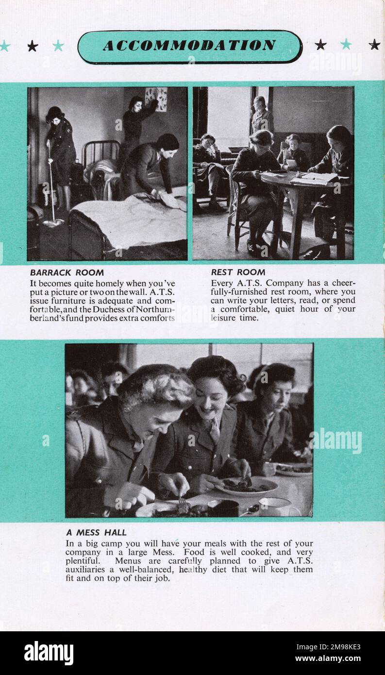 Page in an ATS recruitment leaflet, showing women's accommodation -- a barrack room, a rest room and a mess hall. Stock Photo