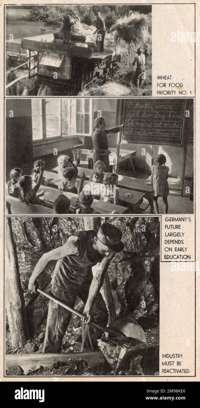 Page of a postwar reconstruction leaflet -- Germany under control, with three photographs of wheat harvesting for food, a classroom with teacher and children, and the reactivated coal industry. Stock Photo