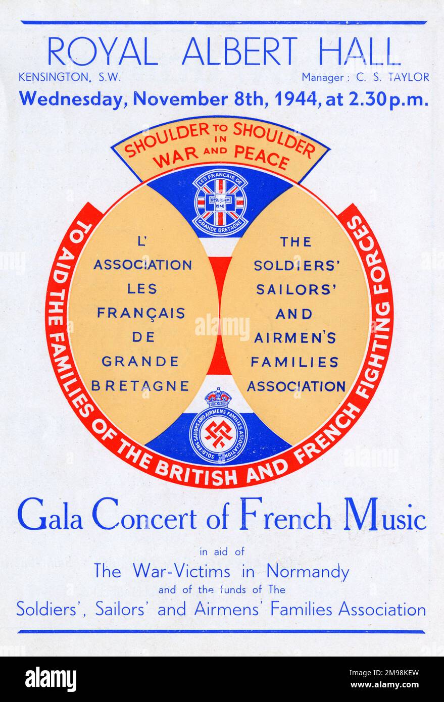 Programme cover, Gala Concert of French Music in aid of the war victims in Normandy, and of the funds of the Soldiers', Sailors' and Airmen's Families Association, at the Royal Albert Hall, Kensington, SW London, on 8 November 1944 at 2.30pm.  The programme included the French and British national anthems, and items by Gounod, Bizet, Saint-Saens, Duparc (vocal soloist Maggie Teyte) and Franck, with Sir Adrian Boult conducting the London Symphony Orchestra (leader George Stratton). The two pianists were Cyril Smith and Phyllis Sellick, and the organist was Arnold Greir. Stock Photo