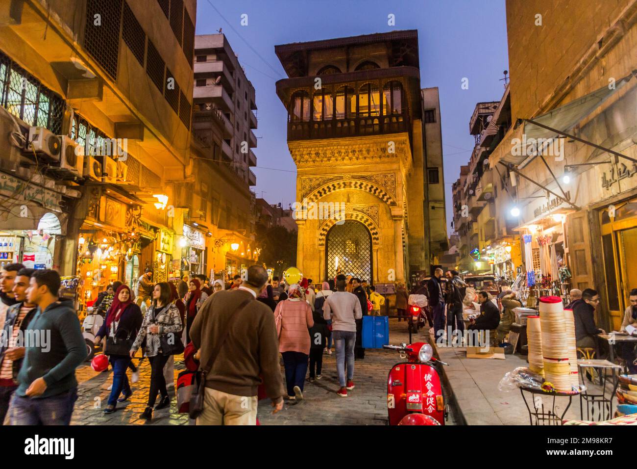 CAIRO, EGYPT - JANUARY 26, 2019: Evening at Al Moez street in the historic center of Cairo, Egypt Stock Photo
