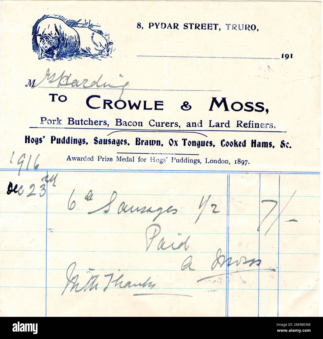 Stationery, Crowle & Moss, Pork Butchers, Bacon Curers, and Lard