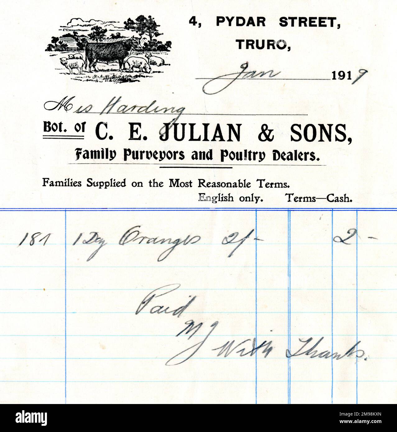 Stationery, C E Julian & Sons, Family Purveyors and Poultry Dealers, 4 Pydar Street, Truro, Cornwall, with handwritten details. Stock Photo