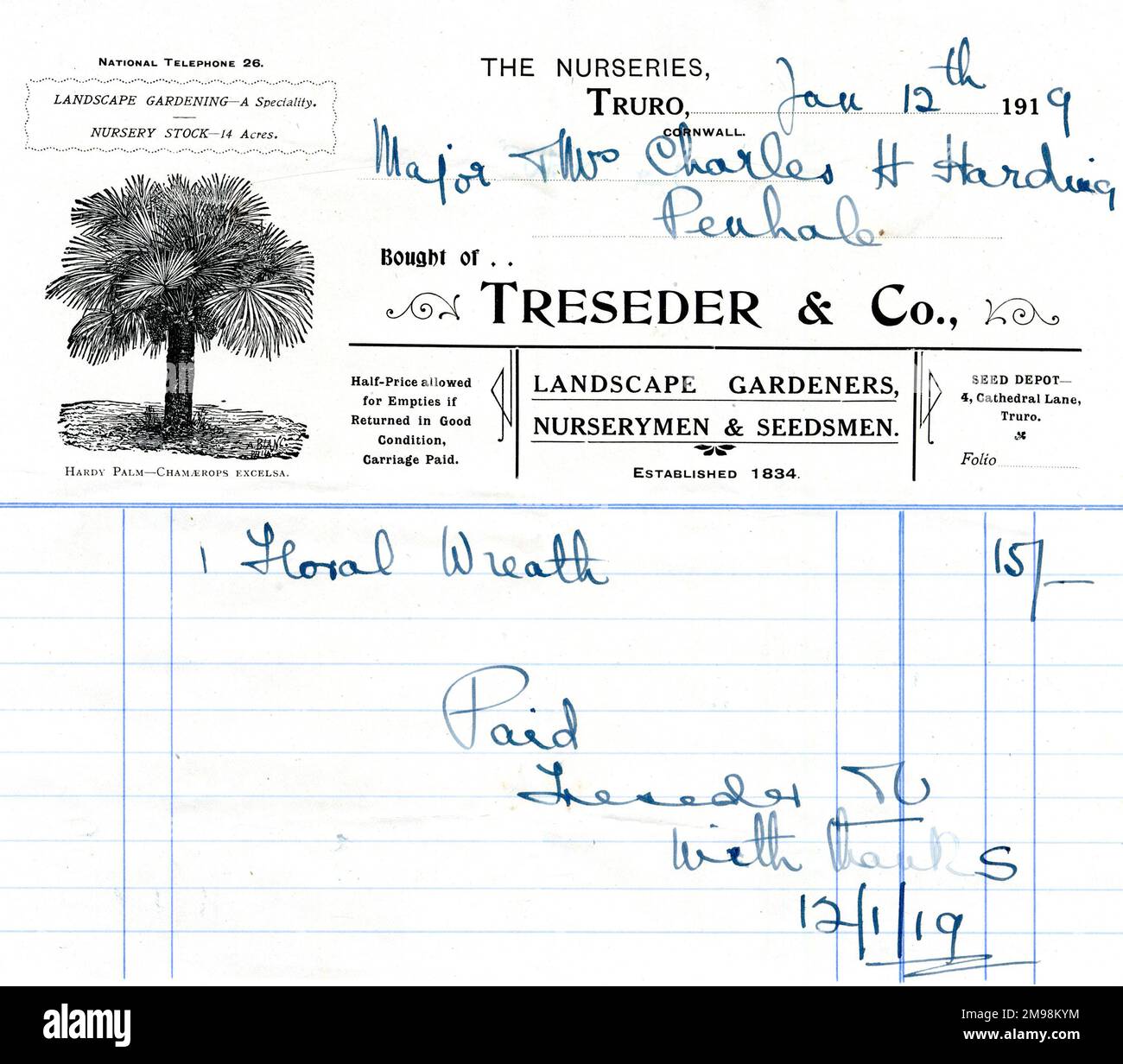 Stationery, Treseder & Co, Landscape Gardeners, Nurserymen & Seedsmen, The Nurseries, Truro, Cornwall, with handwritten details. Stock Photo