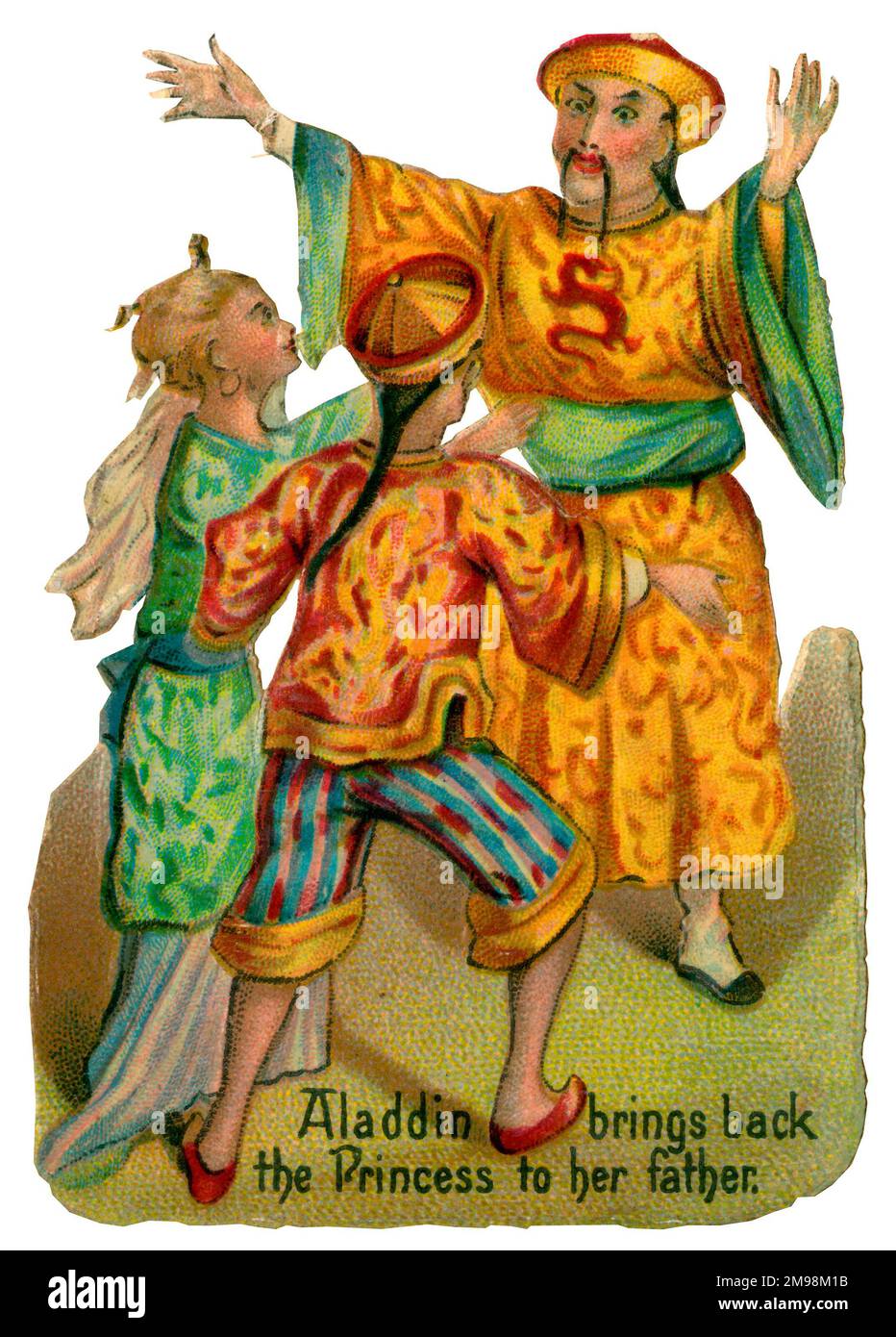 Victorian Scrap - Aladdin brings back the Princess to her father. Stock Photo