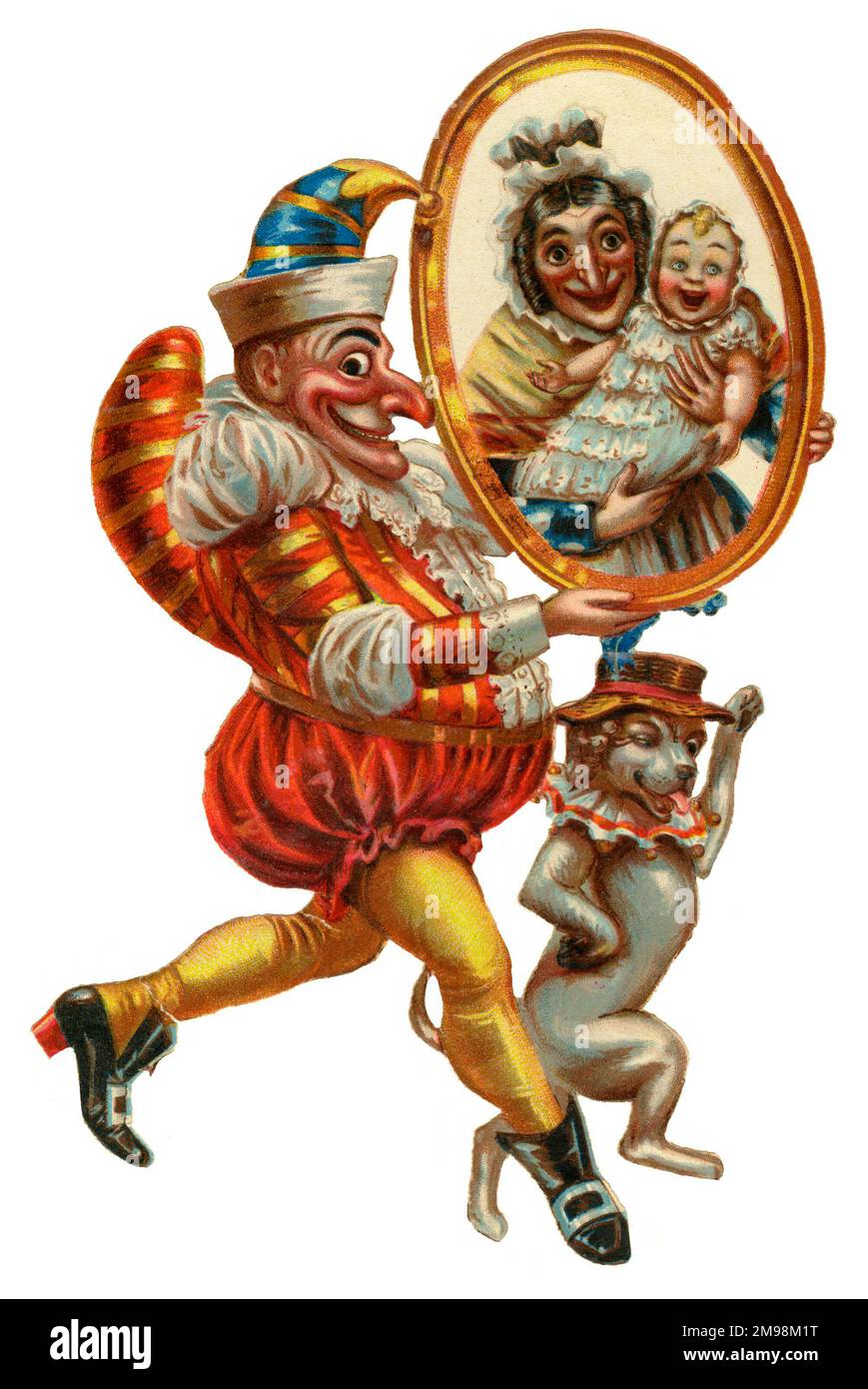 Victorian Scrap - Mr Punch and his dog Toby with a portrait of Judy and the Baby. Stock Photo