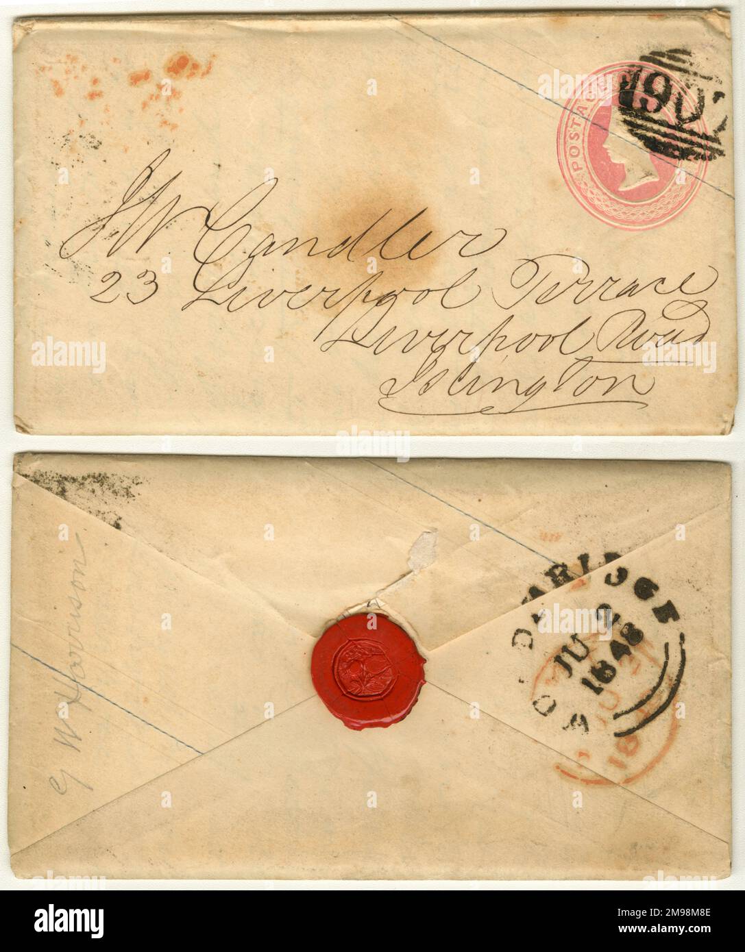 Envelope with sealing wax from Woodbridge, Suffolk, date stamped 2 June 1848, addressed to J W Candler, 23 Liverpool Terrace, Liverpool Road, Islington, North London, with a one penny Queen Victoria embossed stamp on it. Stock Photo