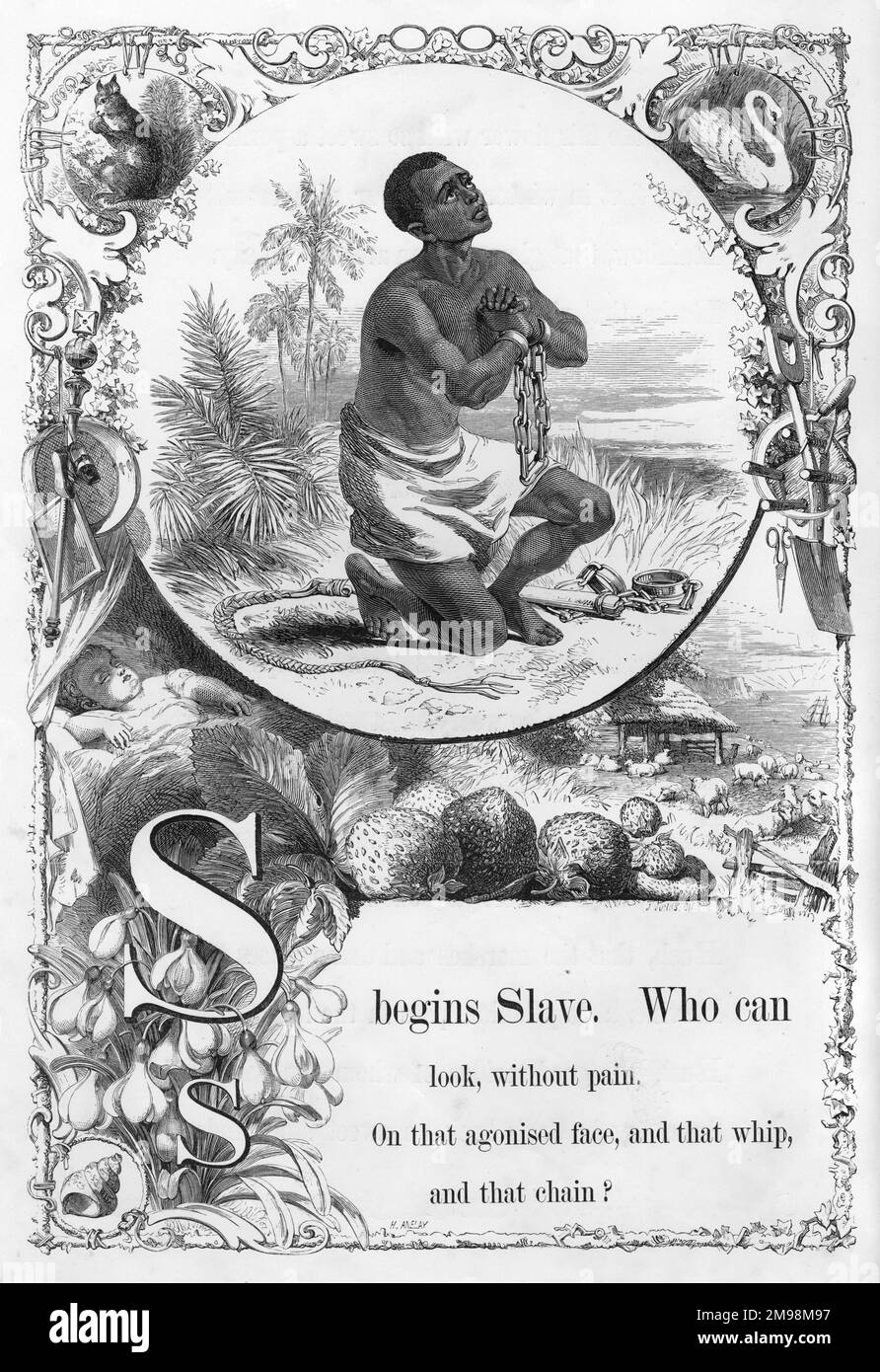 The Mother's Picture Alphabet -- S, showing a slave with chains and a whip. Stock Photo