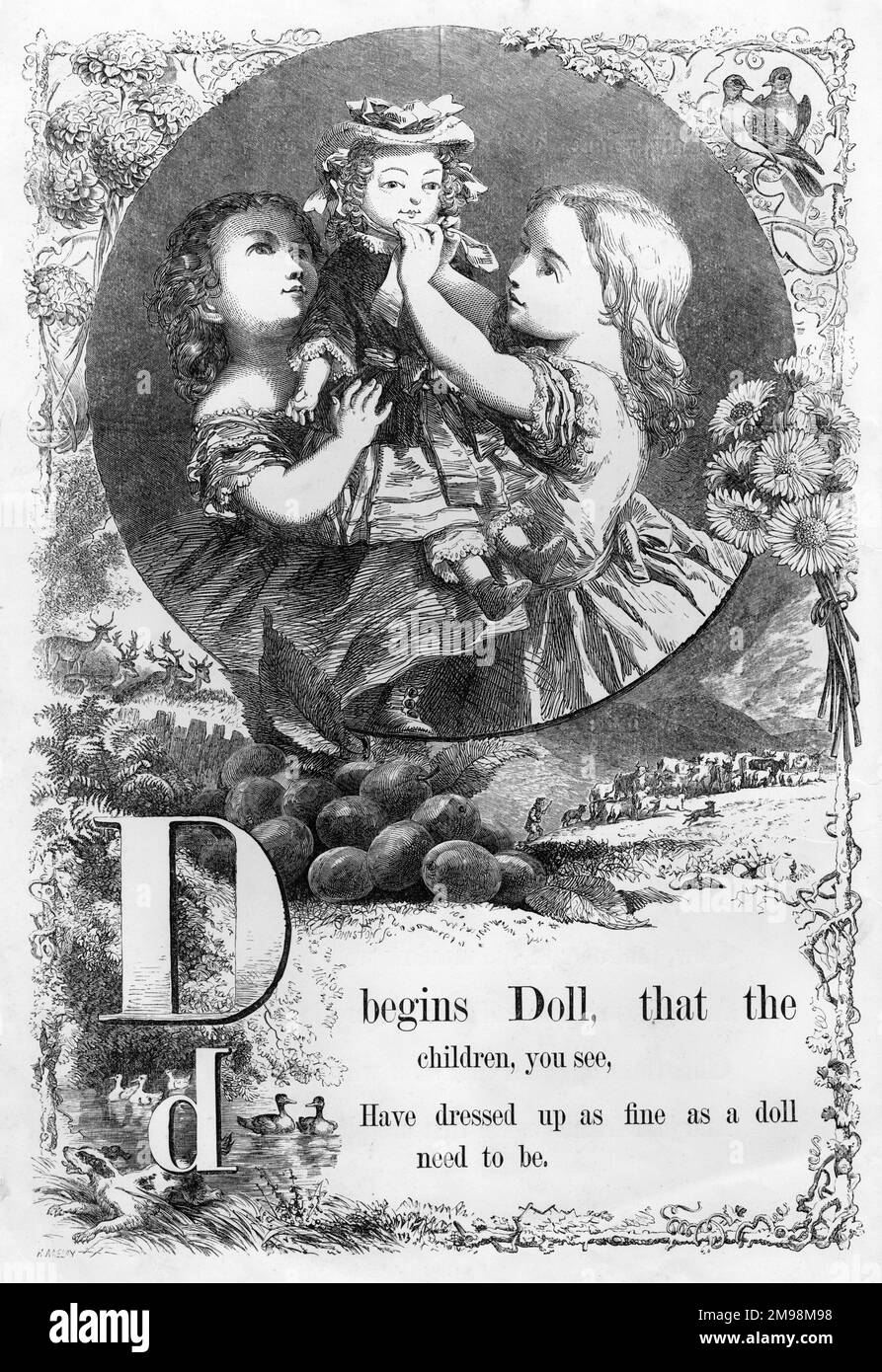 The Mother's Picture Alphabet -- D, showing two girls with a doll. Stock Photo