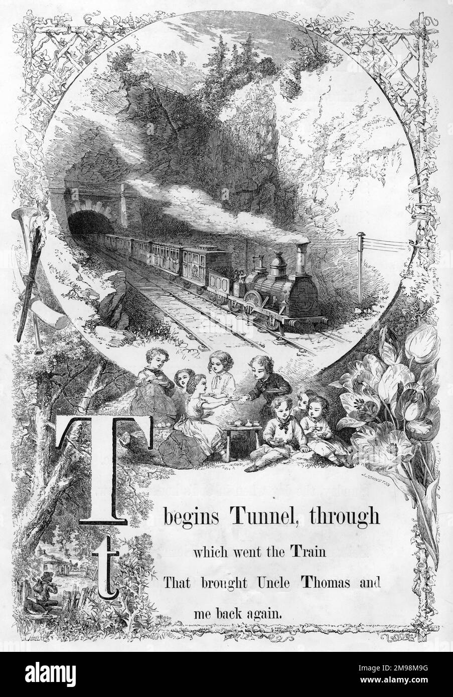 The Mother's Picture Alphabet -- T, showing a steam train emerging from a tunnel. Stock Photo