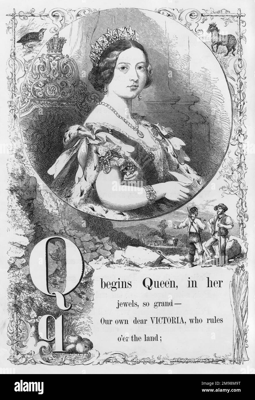 The Mother's Picture Alphabet -- Q, showing a portrait of a young Queen Victoria. Stock Photo
