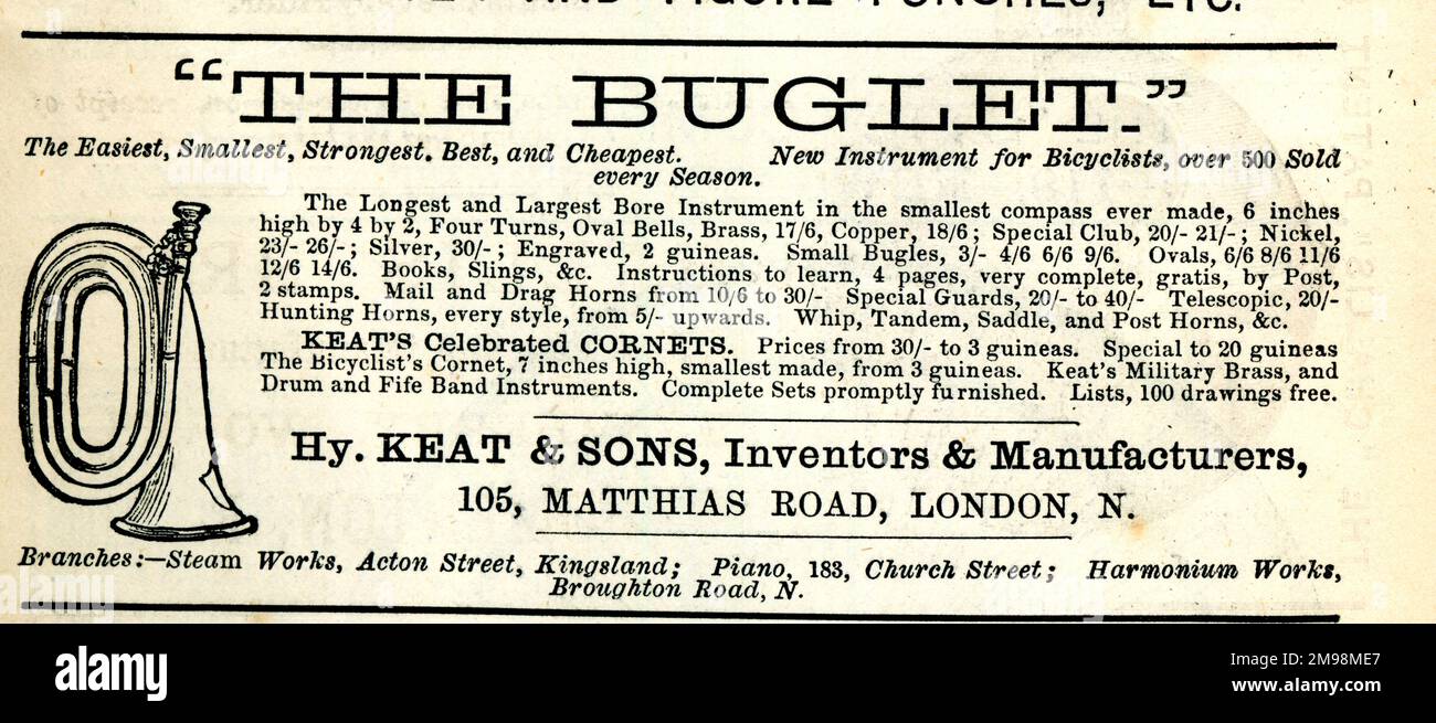 Advertisement, Henry Keat & Sons, Inventors & Manufacturers, Matthias Road, London -- Bicycle Bugle or Buglet. Stock Photo