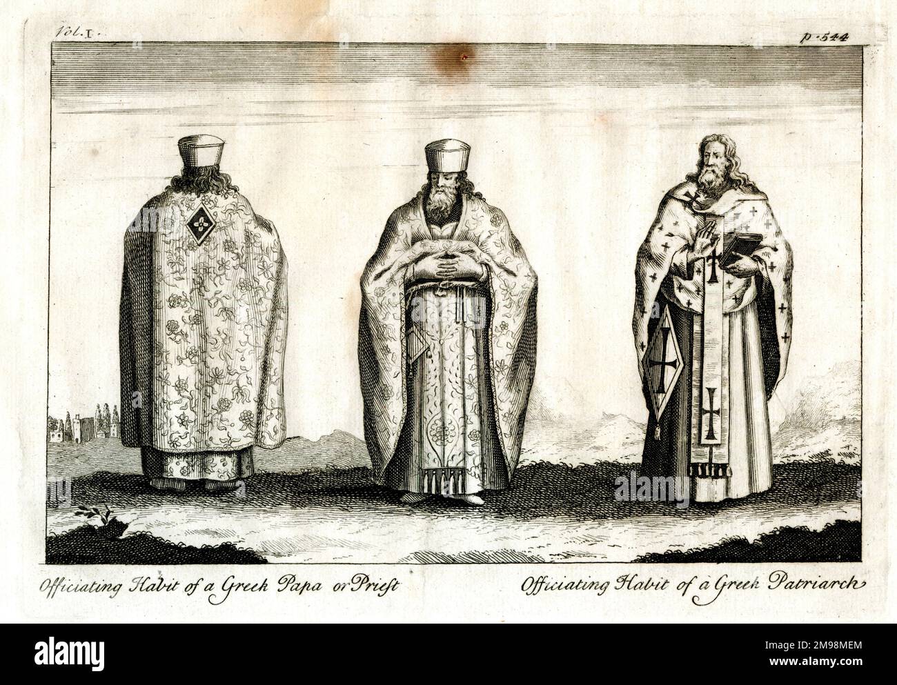 Officiating Habit of a Greek Papa or Priest (left and centre), and of a Patriarch (right). Stock Photo